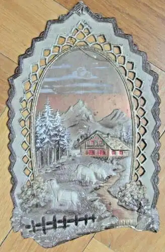 Farbig bedruckter Karton( Pappe),Motiv „Schafherde in Gebirgslandschaft“um 1900