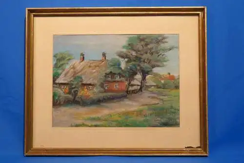 zeichnung,Farbkreide,Haus mit Reetdach auf dem Land, etwa 1930, unbek. Maler