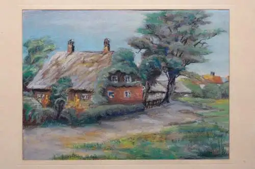zeichnung,Farbkreide,Haus mit Reetdach auf dem Land, etwa 1930, unbek. Maler