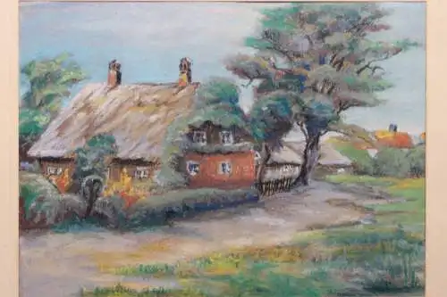 zeichnung,Farbkreide,Haus mit Reetdach auf dem Land, etwa 1930, unbek. Maler