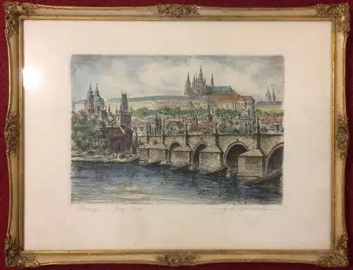 Original-Radierung Prag, Karlsbrücke, von Friedrich Görtitz, gerahmt, unter Glas