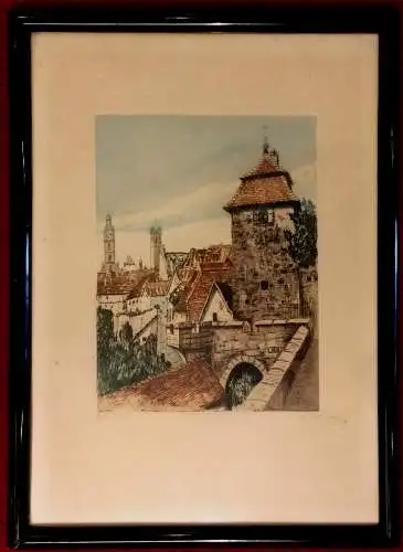 Original-Radierung Rothenburg ob der Tauber, signiert, gerahmt, unter Glas