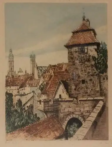 Original-Radierung Rothenburg ob der Tauber, signiert, gerahmt, unter Glas