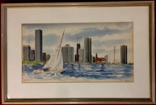 Colorierte Lithographie „CHICAGO SKYLINE“ von M. Elich, signiert, numeriert