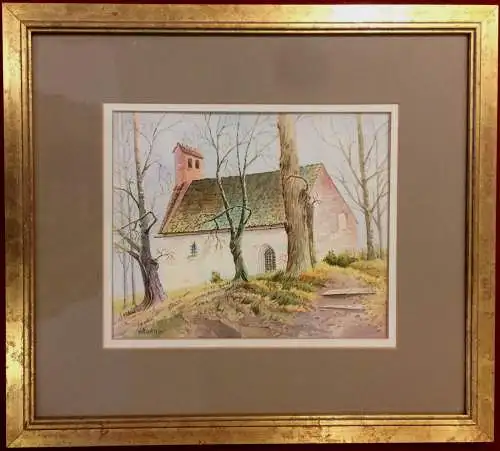 Aquarell Kapelle von Willy Birklein, signiert, gerahmt unter Glas