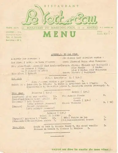 Alte französische Speisekarte / Menükarte des Restaurant Le Vert D'Eau in Angers