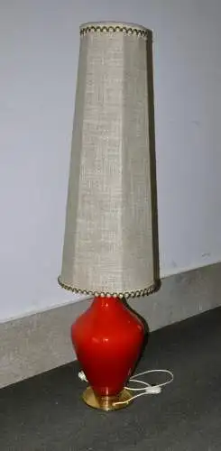 Boden-Stehlampe,roter Glasfuß,1950,hoher konischer Schirm