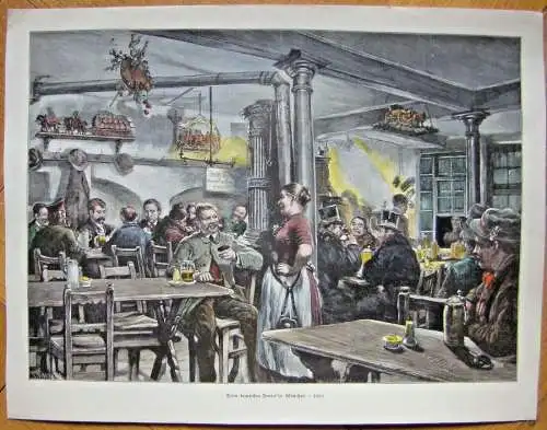 Colorierter Holzstich bezeichnet :„Beim bayrischen Donisl in München 1895“
