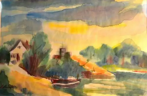 Aquarell,Landschaft,sign. Halsdorfer 75, unter Passepartout,gerahmt