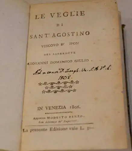 Buch,Le Veglie Di Sant Agostino,Vescovo D`Ipon,Venezia 1806