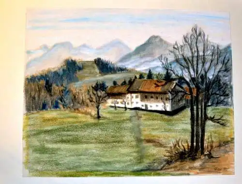 Kreidezeichnung,Bauernhaus im Voralpenland,signiert: Hau 85