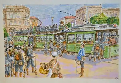 Aquarell/Gouache,Karton,Monogr. F.W.,Berlin,Hallesches Tor,Soldaten,Strassenbahn