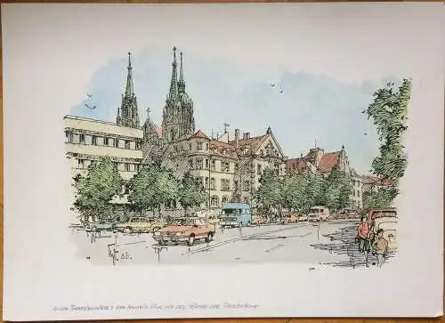 München – Theresienhöhe mit Paulskirche – Colorierte Original-Tusche-Zeichnung