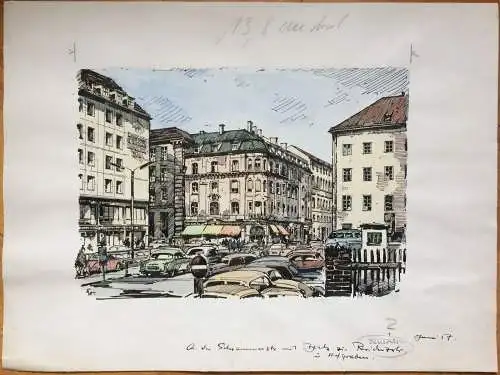 München – Blick von der Schrammerstraße zur Dienerstraße - Col. Tuschezeichnung