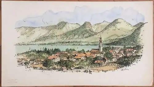 Tegernsee - Colorierte Original-Tusche-Zeichnung auf Karton von Karl Sally Bauer
