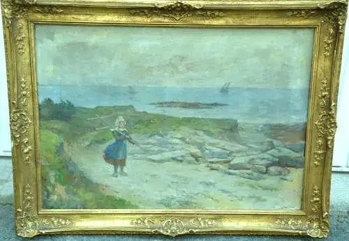 G.,von Urlaub,Gemälde,Öl a. Leinwand,1911,Mädchen an der Nordsee,gerahmt