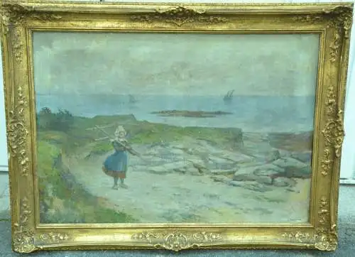 G.,von Urlaub,Gemälde,Öl a. Leinwand,1911,Mädchen an der Nordsee,gerahmt