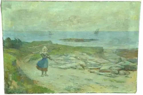 G.,von Urlaub,Gemälde,Öl a. Leinwand,1911,Mädchen an der Nordsee,gerahmt