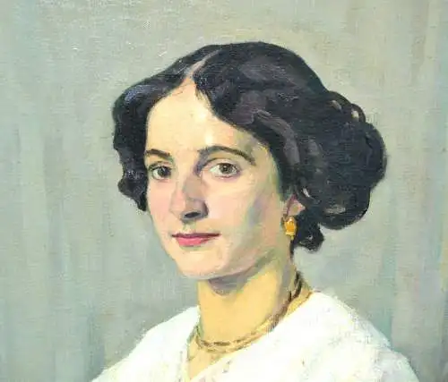 Emil Thoma,Ölbild,Portrait Laura mit gelber Rose,um 1900