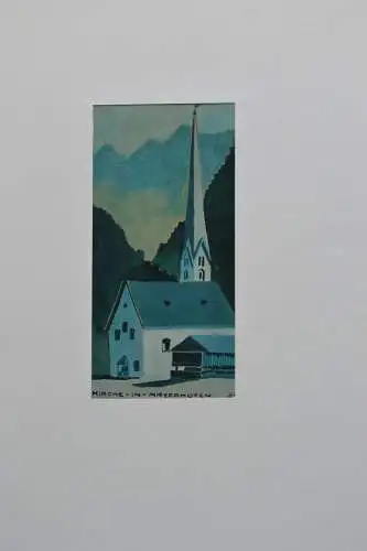 Lithografie, handkoloriert, Kirche in Mayrhofen