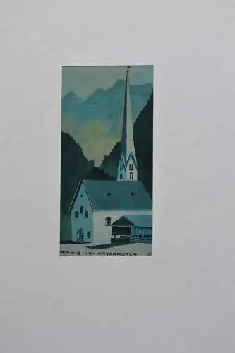 Lithografie, handkoloriert, Kirche in Mayrhofen