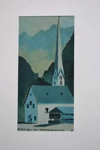 Lithografie, handkoloriert, Kirche in Mayrhofen