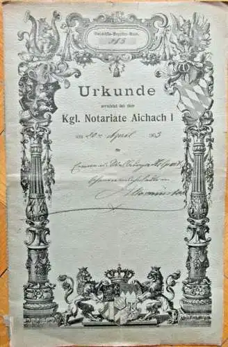 Kaufvertrags-Urkunde aus dem Königlichen Notariat Aichach aus dem Jahr 1903