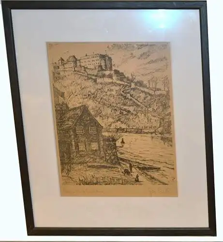 Lithografie,Passau,Blick auf die Veste Oberhaus,signiert,gerahmt