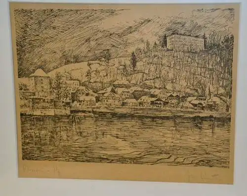 Lithografie,Passau ,Ilz, Veste Oberhaus,signiert,gerahmt