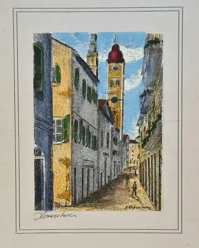 Lithographien,kol.,4 St, Korfu,Vlacherna Kloster,Campanile Agios,Venez.Festung