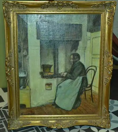 Gemälde,Öl a.Leinwand,alte Frau am offenen Herdfeuer,19.Jhdt,signiertund gerahmt