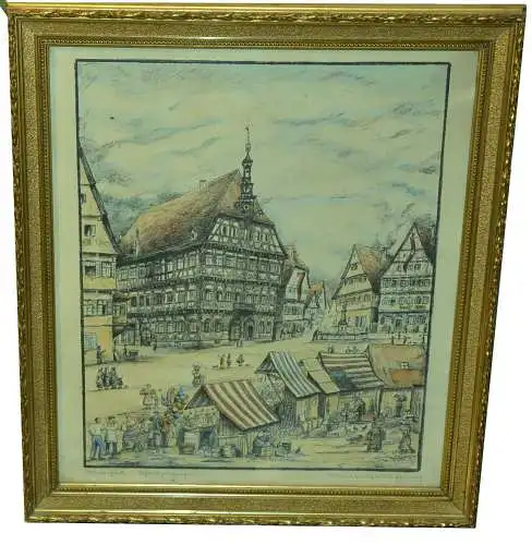 Marktplatz von Markgrönigen,1934,kolorierte Lithografie, signiert,gerahmt,