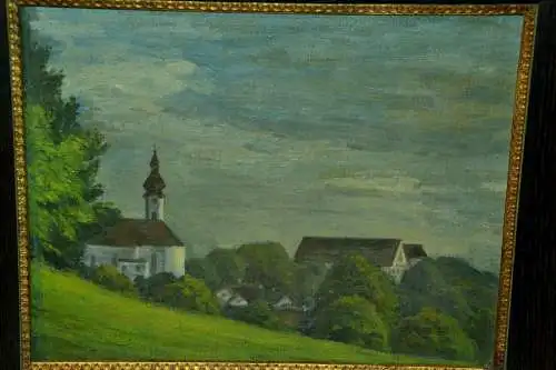 Gemälde Öl a.Pappe,Starnberg,St Joseph+Schloß,gerahmt, 20.Jhdt