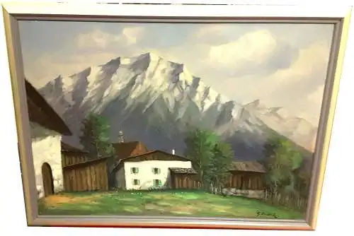 Gemälde Öl a.Platte,Bauernhof vor Alpenmassiv,sign.: G.Cadek,gerahmt