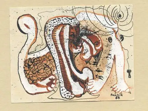 Tempera+Tusche,SurrealismusThe two animals,woman u. cat,sign.Anahid 68, Libanon