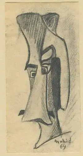 Fusain Charcol,Reißkohle-Zeichnung,Surrealismus,sign.Anahid 69, Libanon,Portrait