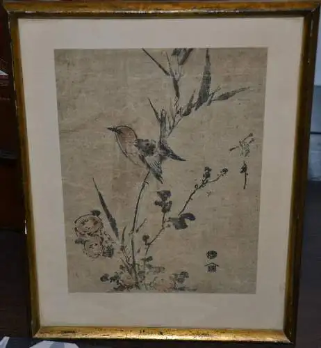 Holzschnitt, koloriert,Japan,Vogel auf einem Ast, unter rechts bezeichnet