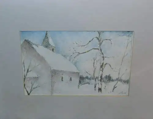 Aquarell, Winterlandschaft mit Kirche, Monogrammiert R.W. 1989