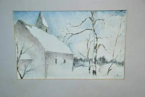 Aquarell, Winterlandschaft mit Kirche, Monogrammiert R.W. 1989