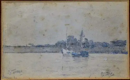 Bleistiftzeichnung,sign.Fischer,Boote vor einer Kirche , ev. Friesland,