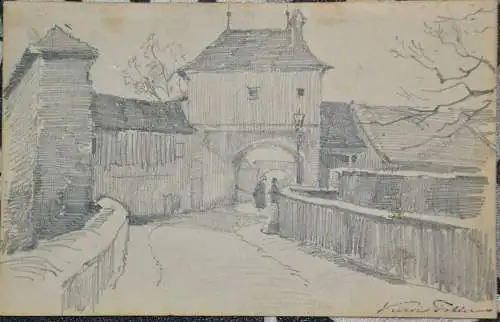 Bleistiftzeichnung,Victor Tobler,Regensburg,Stein Brücke, 1906