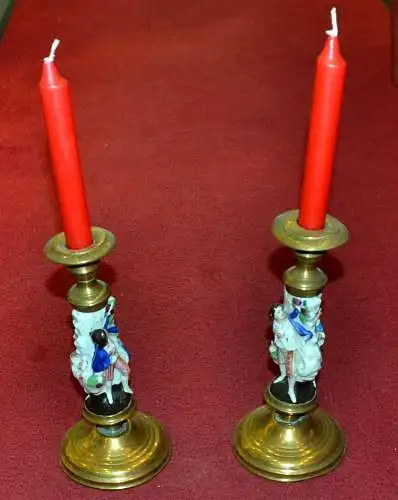 Kerzenleuchter,Paar, Messing u. Porzellan,Großbritannien, Mitte 19.Jhdt.
