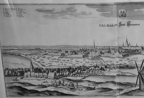 Kupferstich von 1654 mit dem Titel „F. B. L.Residenz Stadt Hannover“, Merian