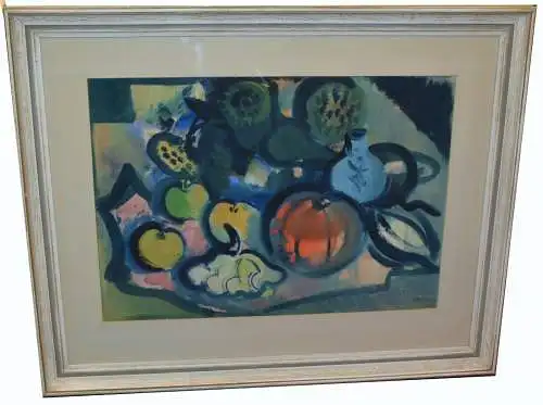 Stilleben Obst,Tempera ,Ursula Rusche Wolters,1973 gerahmt,u. Passepartout