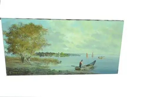 Ölbild auf Leinwand,Chiemsee mit Fraueninsel,Fischern und Booten