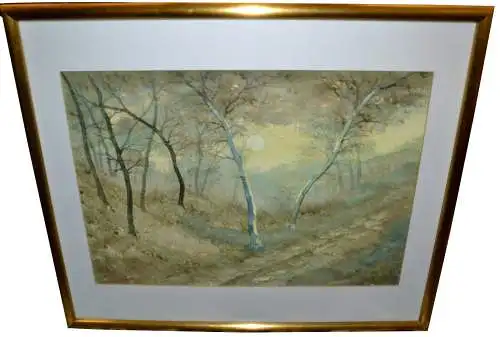 Aquarell,Landschaft mit Birken,unter Passepartout,gerahmt,signiert