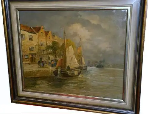 Gemälde,Öl a.Leinwand,Kirk .van Hoom, Niederländische Stadtansicht mit Kutter