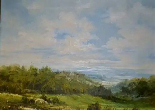 Gemälde, Öl auf Leinwand,Landschaft im Mittelgebirge,gerahmt,wohl ca. 1960