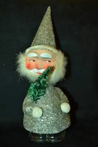 Weihnachtsmann,silber glitzernde Kleidung,Wackelkopf,Pappe,1950,29 cm