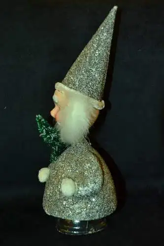 Weihnachtsmann,silber glitzernde Kleidung,Wackelkopf,Pappe,1950,29 cm